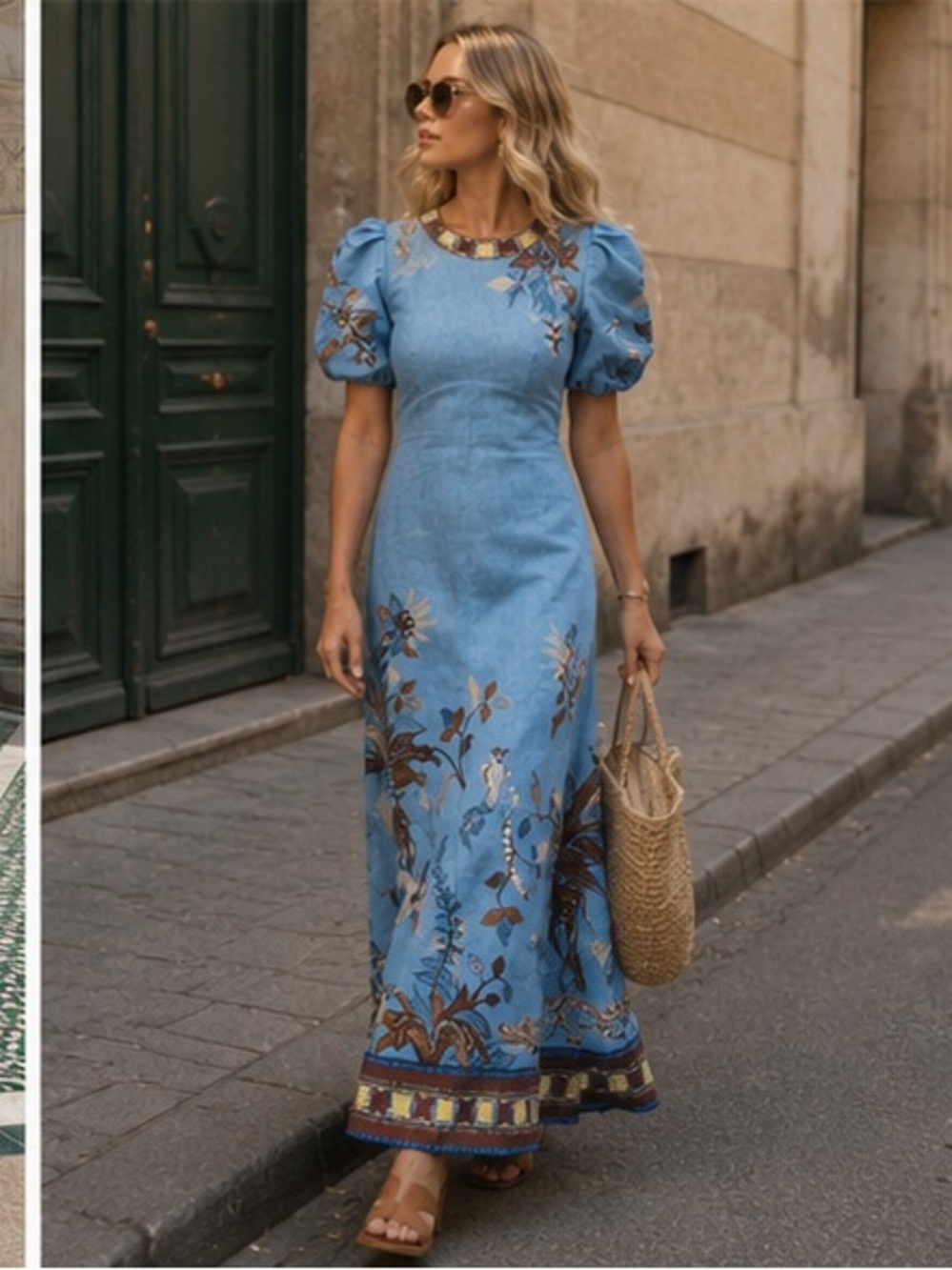 Alemais George midi Blue Puff-Sleeve Floral Dress